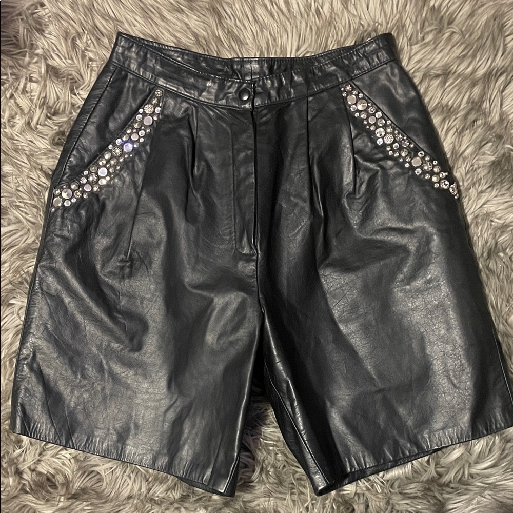 dangerous threads, Black Leather Embellished Women's Shorts